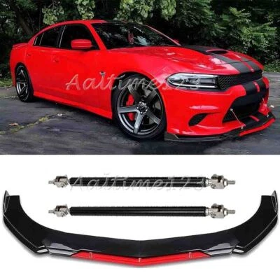For Dodge Charger 2015-2023 Front Bumper Lip Splitter Kit Glossy Red Strut Rods - Image 1 of 4