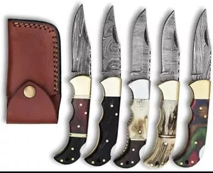 Lot of 5 PCS Damascus handmade Back Lock Folding Pocket knife camping Hunting - Picture 1 of 6