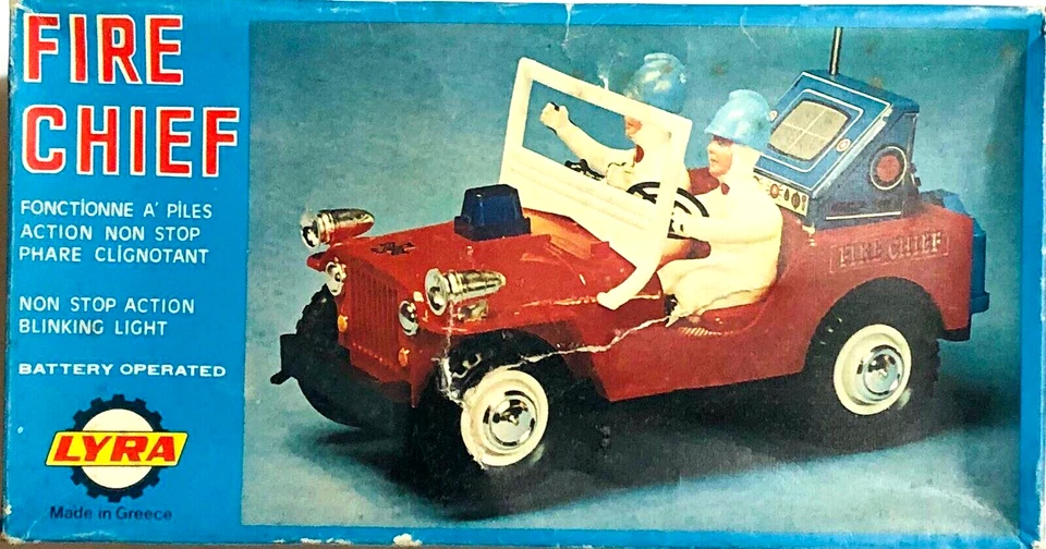 VINTAGE LYRA No222 FIRE CHIEF JEEP BATTERY OPERATED GREEK USED IN BOX RARE - Image 1 of 4