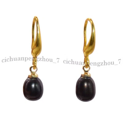 Pendientes de gancho colgantes de perlas de arroz ovaladas de agua dulce negras reales naturales de 6-7 mm Foto 1 de 4