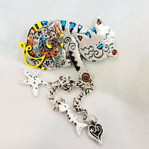 Cat Kitty Brooch/Pin Silver Tone Multi Color Accents Long Dangles From Paw