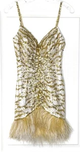 🤍 SHERRI HILL Gold White Embellished Sequin Diamond Feather Mini Dress 0/2 = XS - Picture 1 of 8