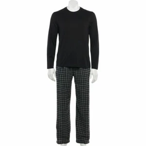 Men's Croft & Barrow Tee & Flannel Sleep Pants Set BLACK GRAY WHITE PLAID - Picture 1 of 2