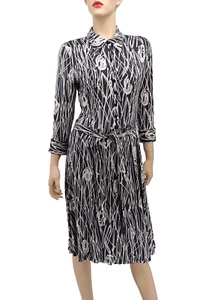 ST.EMILE 100% SILK BLACK WHITE GEOMETRIC PRINT HALF BUTTON SHIRT DRESS SIZE US 8 - Picture 1 of 9