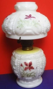 c1889 CONSOLIDATED milk glass WILD IRIS MINIATURE OIL LAMP- FANTASTIC & COMPLETE - Picture 1 of 14