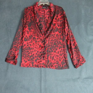Pretty Little Thing Pyjama Oberteil Damen 6 rot Leopard Langarm Knopfleiste Satin - Bild 1 von 8