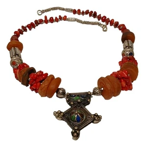 Marokkanische Afrikanische Berber Handwerk Koralle Emailliert Berber Kreuz Halskette - Bild 1 von 3