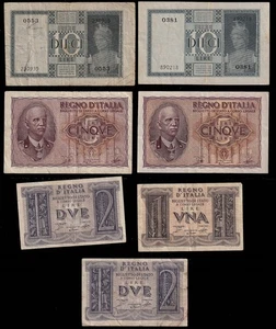 WWII ITALY 1938-1944 1, 2, 5 & 10 Lire note lot of seven as per scan - Picture 1 of 2
