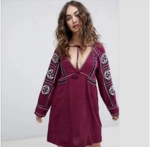 Free People All My Life Embroidered Mini Dress Pullover Tie Neck Burgundy Small - Picture 1 of 15