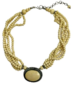 Beaded Gemstone Necklace Multi Strand Pendant Oval Cream Silver Tone 17-20" - Picture 1 of 9