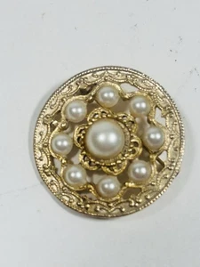 1928 Marke runde goldfarbene Kunstperlen Cabochon verzierte Brosche Anstecknadel Vintage 1,25" - Bild 1 von 6