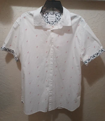 Ricky Singh 男式 XL 短袖纽扣衬衫牛仔和花朵火烈鸟印花 — 第 1/4 张图片