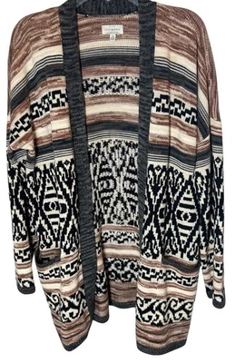 Suéter Cárdigan Lucky Brand Talla L Marrón Crema Negro Gris Cortina Abierta Foto 1 de 4