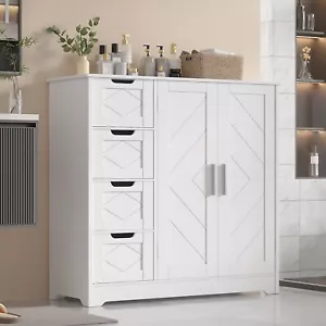 Bathroom Storage Floor Cabinet with Adjustabl Shelf, 4 Drawer Freestanding White - Picture 1 of 18