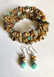Gemstones Tigers Eye Turquoise (Dyed) MEMORY WIRE Bracelet Earrings Chakra USA - Picture 1 of 2
