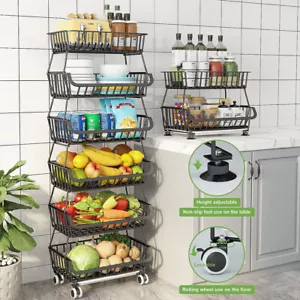 STORAGE STACKING WIRE BASKET STACKABLE SHELVES VEGETABLE FOOD KITCHEN RACK WHEEL - Picture 1 of 43