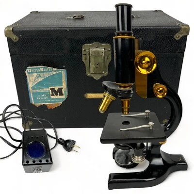 Antique 1926 SPENCER BUFFALO Brass Microscope w/ Case, Manual, Slides, & Extras - Image 1 of 4
