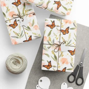 Watercolor monarch butterfly floral wrapping paper. Matte/Glossy finish. 2 sizes - Picture 1 of 21