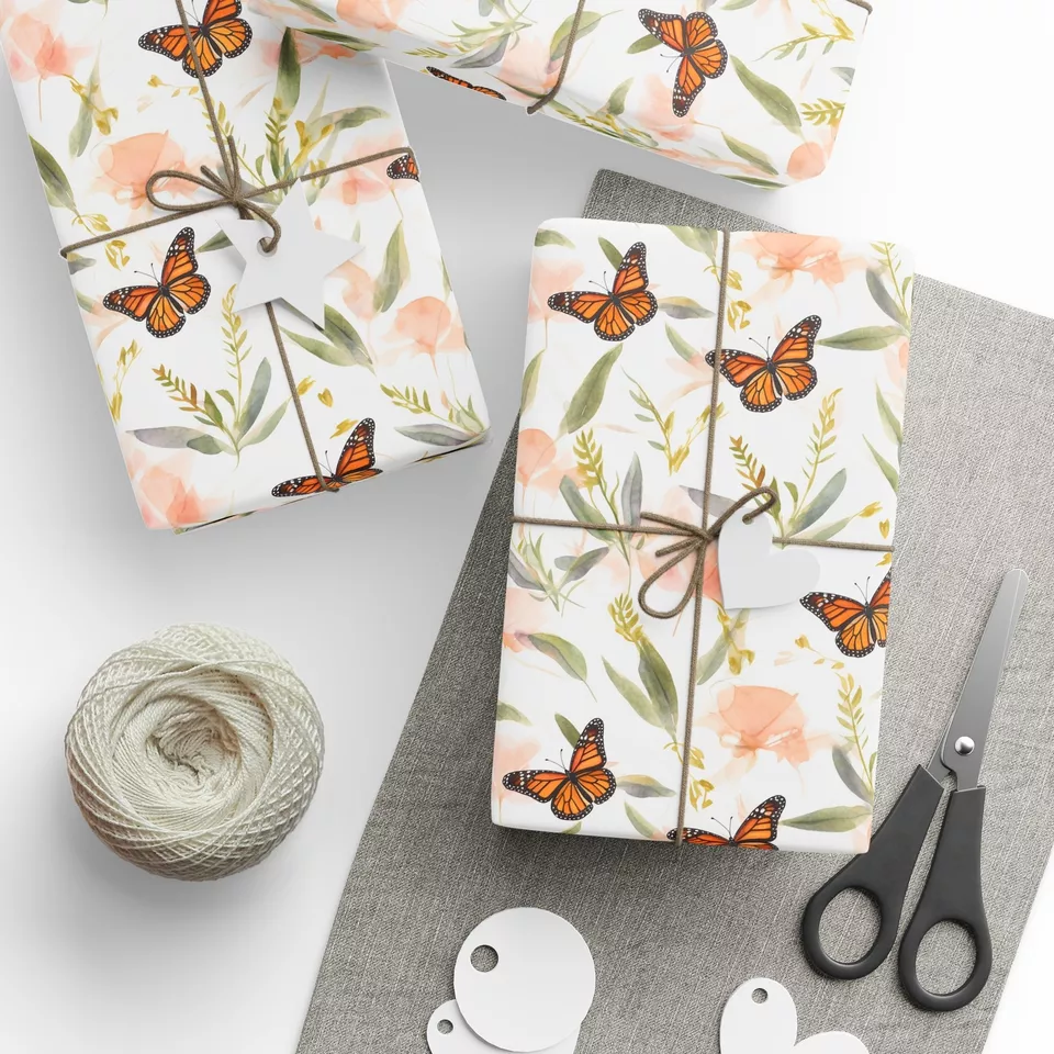 Watercolor monarch butterfly floral wrapping paper. Matte/Glossy finish. 2 sizes - Image 1 of 1