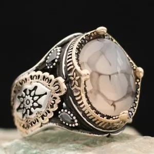 Heavy Workmanship Striped Agate Men's Ring - 925 Sterling Silver - Picture 1 of 5
