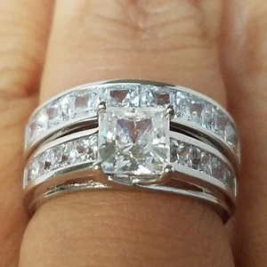 Juego de 3 quilates Anillo de Compromiso Anillo de Boda Cuadrado Oro Blanco 14k 2 piezas - Imagen 1 de 12