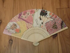 Japanese Art Print Silk Hand Folding Fan Fashion Decor Woman & Flowers Pink - Bild 1 von 2