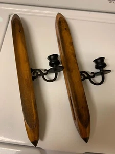 Vintage Pair 17" Textile Weaver's Loom Boat Shuttle Candle Holders Wall Sconces - Picture 1 of 8