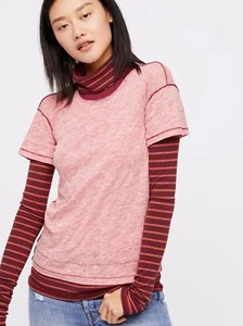 NWT FREE PEOPLE SzL PIPER TWOFER TURTLENECK LONG SLEEVE STRIPED TEE WASHED RED - Picture 1 of 5