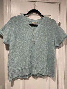 NWT L.L. Bean Size L P Slub Knit Cotton Short Sleeve V Neck Henley Top Pale Blue - Picture 1 of 12