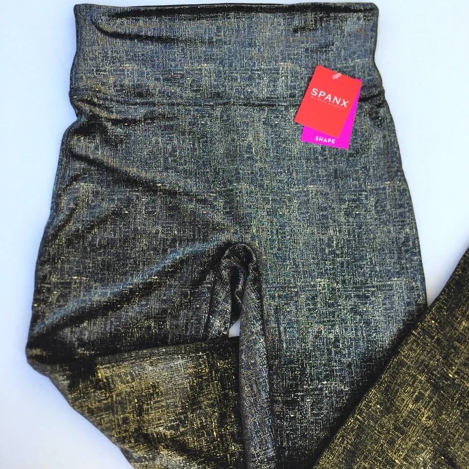 Leggings de terciopelo Spanx negros dorados metálicos brillo tiro alto elásticos 20188R Foto 1 de 4
