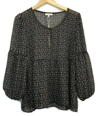 Max Studio Boho Puff Sleeve Blouse Women's Size Large Printed Button Front - Image 1 of 4