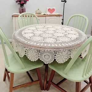 52inch Round Hand Crochet Tablecloth Ecru Vintage Lace Table Cloth Floral Doily - Picture 1 of 14