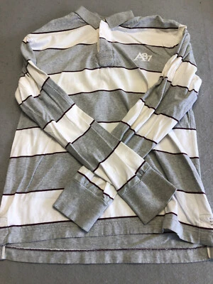 Aeropostale 衬衫男式中号灰色/白色条纹长袖领 Polo 衫 — 第 1/4 张图片