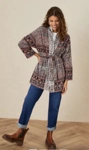 MONSOON XL 20-22 NATURAL MULTICOLOUR PRINT EMBELLISHED JERSEY BELTED JACKET - Picture 1 of 6