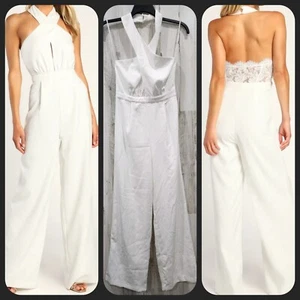 LULUS Lucky Luxury White Halter Wide Leg Jumpsuit**Gorgeous Size MEDIUM**NWOT** - Picture 1 of 12