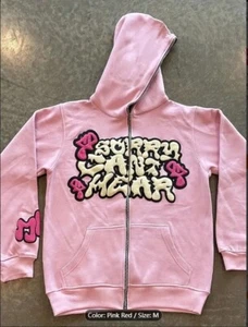 Women's Stylish Pink "Sorry I'm Late" Letter Print Hoodie - Full-Zip Closure, Ca - Picture 1 of 3