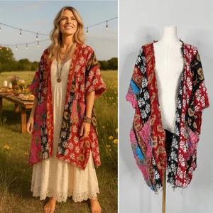Jaded Gypsy Kantha Kimono OS Frayed Edges Boho Festival Cottage Artsy Rustic - Picture 1 of 17