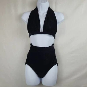 Vtg 80's Petticord Womens Black Resort Velour High Waisted 2 Pc Bikini Size 14 - Picture 1 of 9