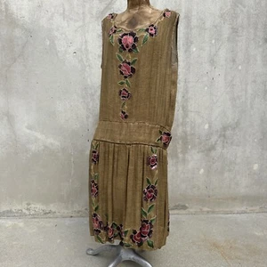 Antique 1920s Gold Lamé Metal Thread Dress Embroidered & Beaded Flowers Vintage - Picture 1 of 24