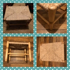 Large Antique Wooden Footstool Stool Plant Stand Chair Display Rustic Rush Seat - Picture 1 of 12