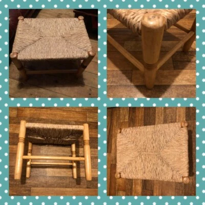 Large Antique Wooden Footstool Stool Plant Stand Chair Display Rustic Rush Seat - Image 1 of 4