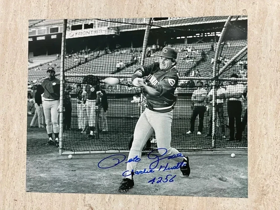 RARE Pete Rose Auto Signed 8x10 Photo INSCRIBED "CHARLIE HUSTLE AND 4256" - Image 1 of 1