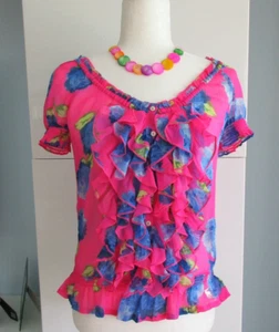 Abercrombie and Fitch Womens Sheer Floral Top Sz S Short Sleeve Pink Blue - Picture 1 of 9