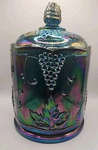 Indiana Blue Grape Harvest Carnival Glass Candy Dish Canister Iridescent W/lid - Picture 1 of 14