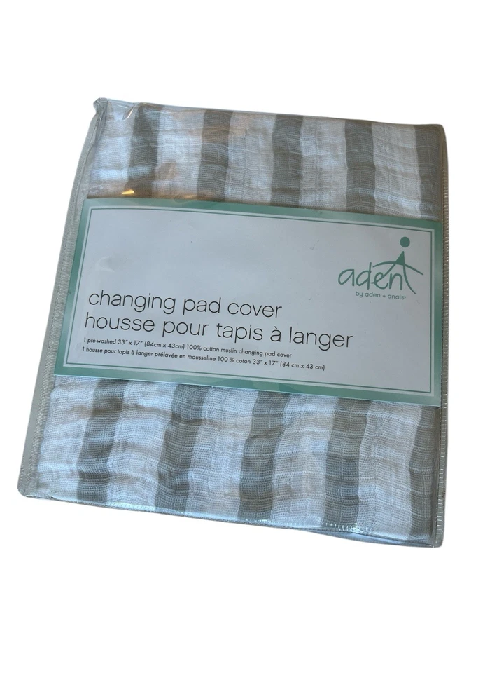 Cubierta de almohadilla cambiadora Aden + Anais gris y blanco a rayas 100 % algodón suave muselina  Foto 1 de 2