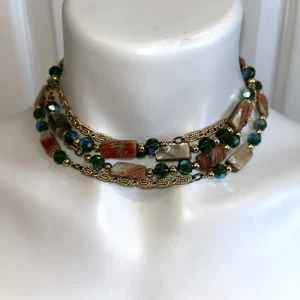 Vintage NAPIER Necklace Book Piece Abalone and Green Crystals Gold Tone 64" - Picture 1 of 7