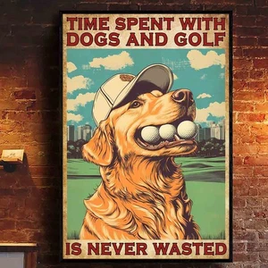 Funny Dog Golf Poster Retro Art Time Spent with Dogs and Golf Wall Decor Gift - Picture 1 of 5