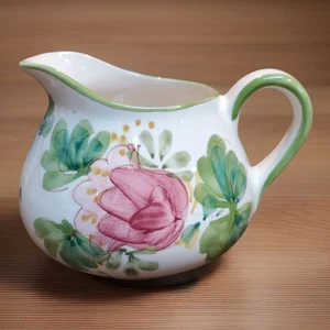 Vtg Hand Painted Ceramic Small Squat Pitcher Vase Floral Pink Green Portugal - Picture 1 of 8