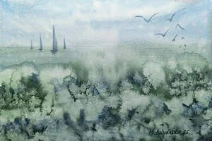 Original Art Painting Watercolor Modern Landscape LAGUNA BEACH OCEAN Seascape A5 - Picture 1 of 12