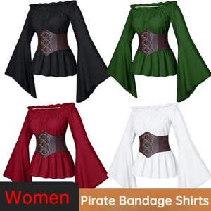Renaissance Victoria Solid Corset Medieval Steampunk Pirate Tops Bandage Shirts - Picture 1 of 22
